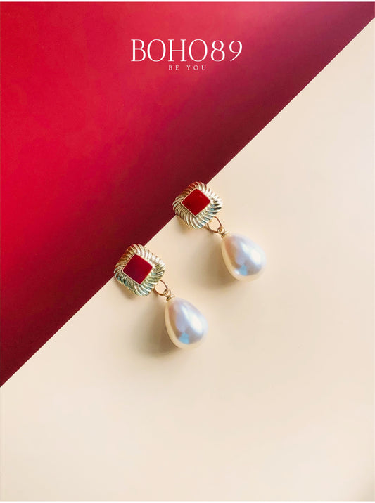 Royal Red and Pearl Dangle Earrings